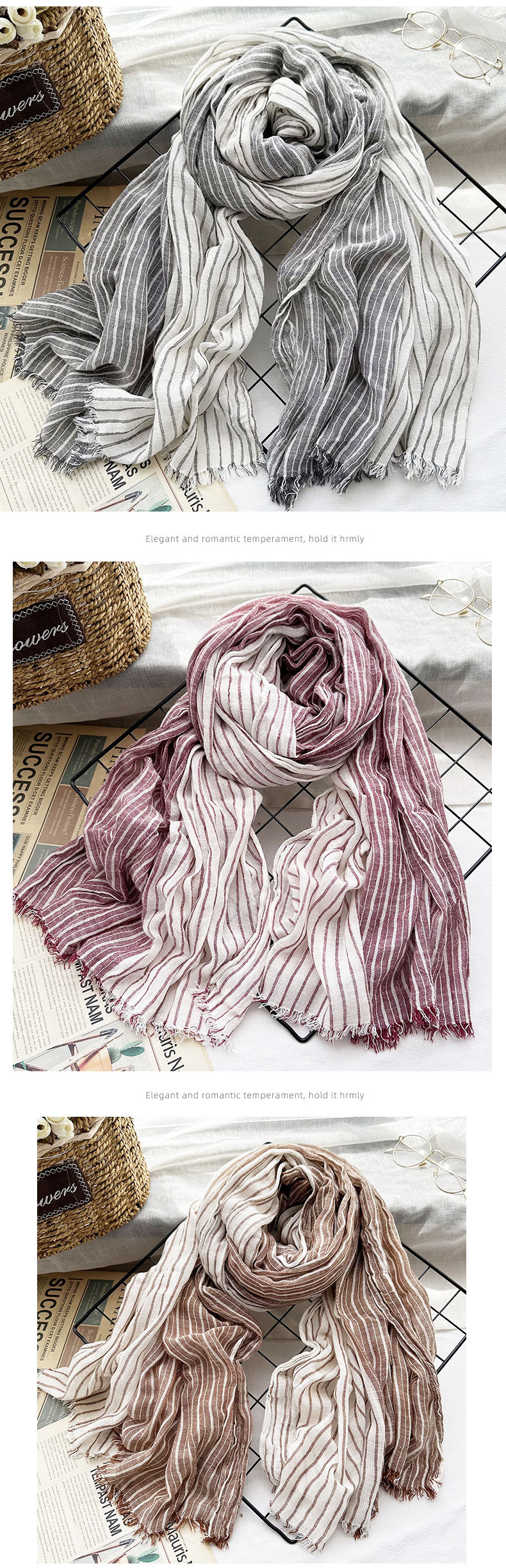 日韩文艺风条纹棉麻围巾女 四季好搭男士围脖森系情侣丝巾披肩潮详情12