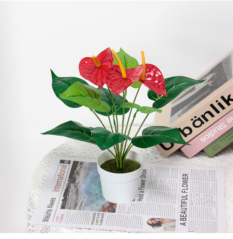 Finished handcrafted red artificial flower anthurium decoration, wedding spring plants, kalanchoe potted artificial green plants, office culture pic 10