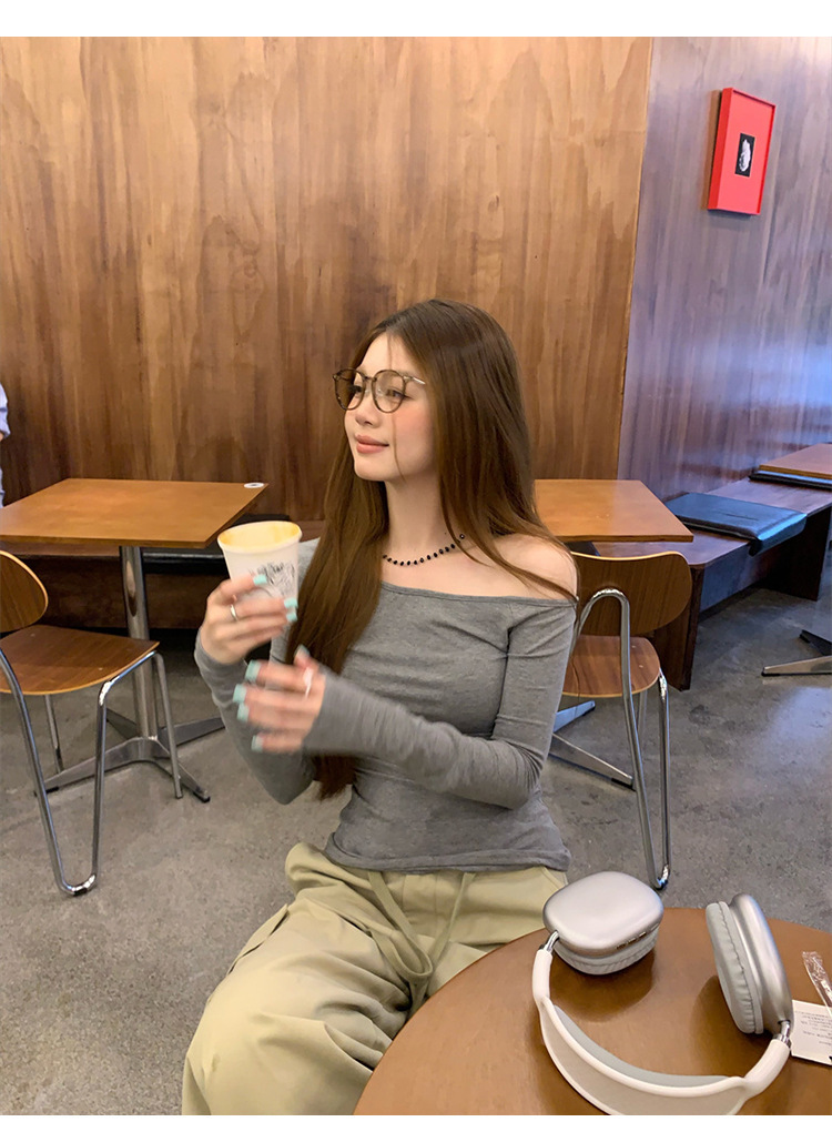 纯欲辣妹修身显瘦露肩长袖T恤女装早秋设计感百搭打底衫学生上衣详情3