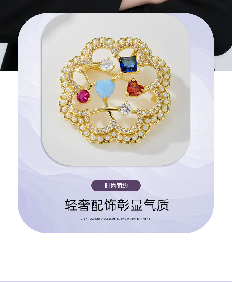 Sweet and exquisite colored gemstone hollowed-out flower brooch, copper alloy micro-inlaid zircon, light luxury and high-end dress brooch pic 10