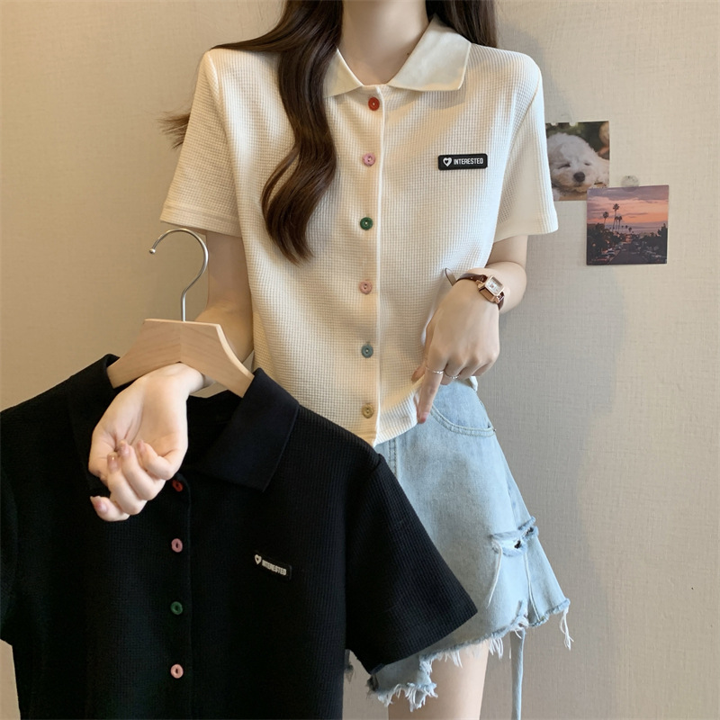 夏季大码胖mm学院风减龄彩色扣polo领正肩黑色短袖T恤女小衫上衣详情2