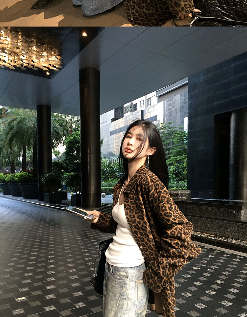 美式复古豹纹Polo领衬衣外套女早秋慵懒风宽松气质中长款风衣上衣详情6