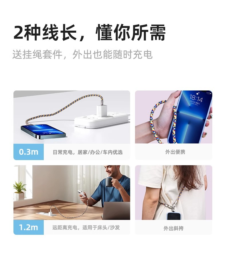 跨境手机线螺旋斜挎手腕短款双TYPE-C线PD充电线二合一挂脖数据线详情16