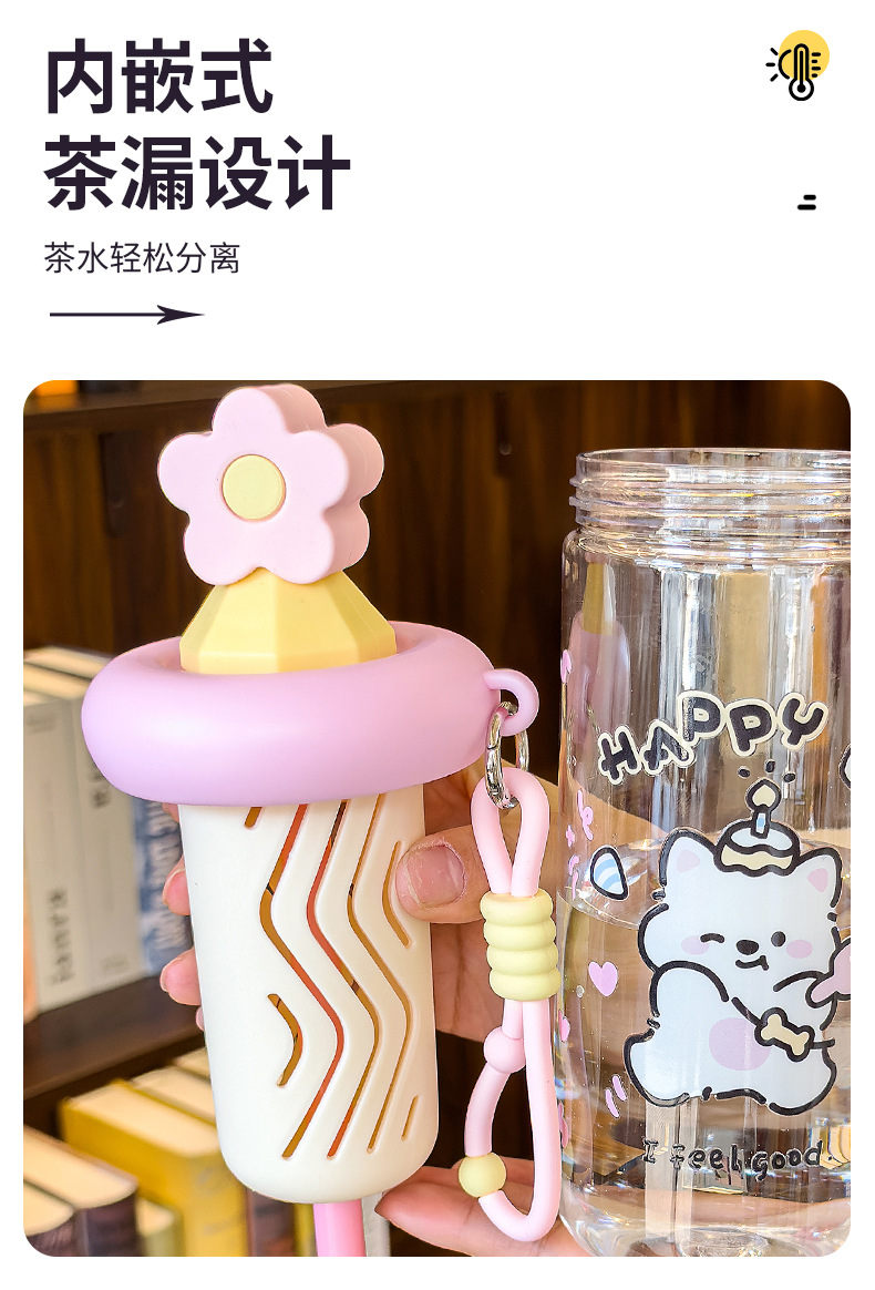 Cute cat-patterned transparent water cup with handle, glass cup with sun relief, glass thermos pic 7
