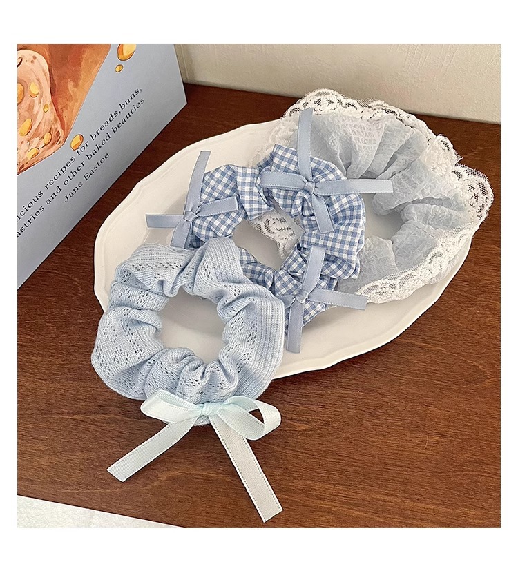 蓝色小清新蝴蝶结大肠发圈女蕾丝花边扎高马尾发绳高颜值皮筋头绳详情21