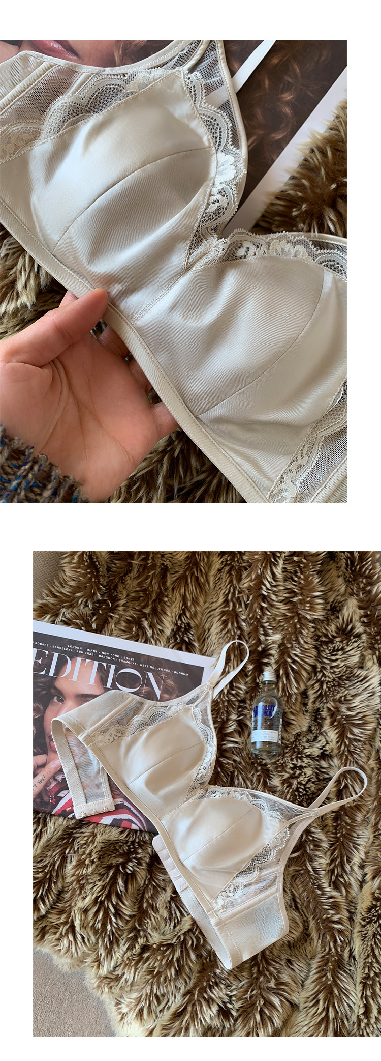 法式蕾丝内衣女大胸显小缎面复古透气薄款软钢圈兔耳朵杯文胸罩女详情10