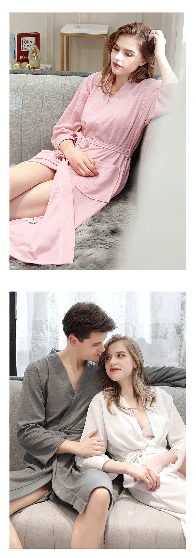 春夏季华夫格浴袍女士桑拿服薄款汗蒸服睡袍男士吸水速干浴衣批发详情11