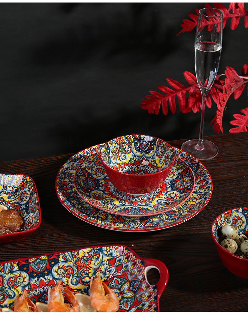 波西米亚风深红波异域釉下彩盘子手柄盘饭碗树纹汤碗陶瓷餐具套装详情9