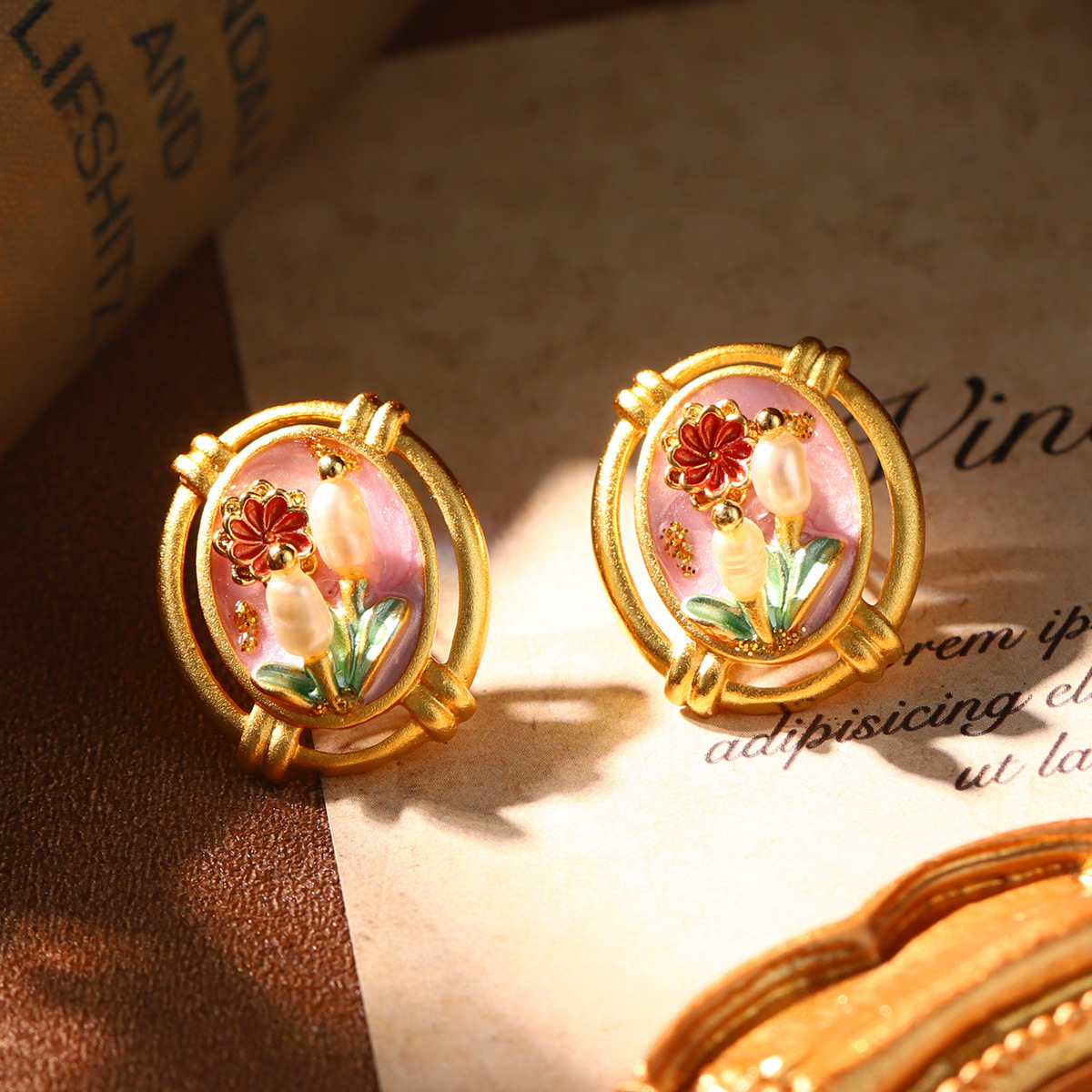莫奈油画耳环天然珍珠珐琅耳饰法式宫廷风高级感耳夹批发小众饰品详情30