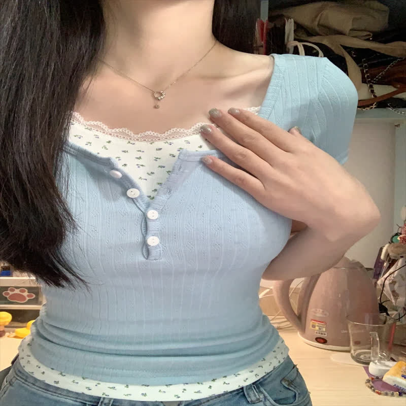 纯欲蕾丝正肩短袖T恤女夏季蓝色多巴胺bm假两件碎花修身短款上衣详情6