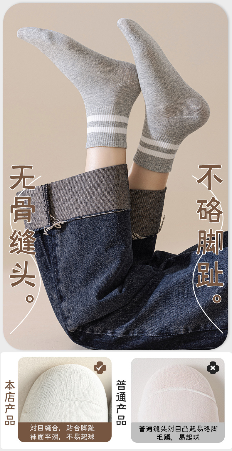 袜子纯棉女白色中筒袜7A抗菌抗起球防臭吸汗复古春秋条纹运动袜子详情5