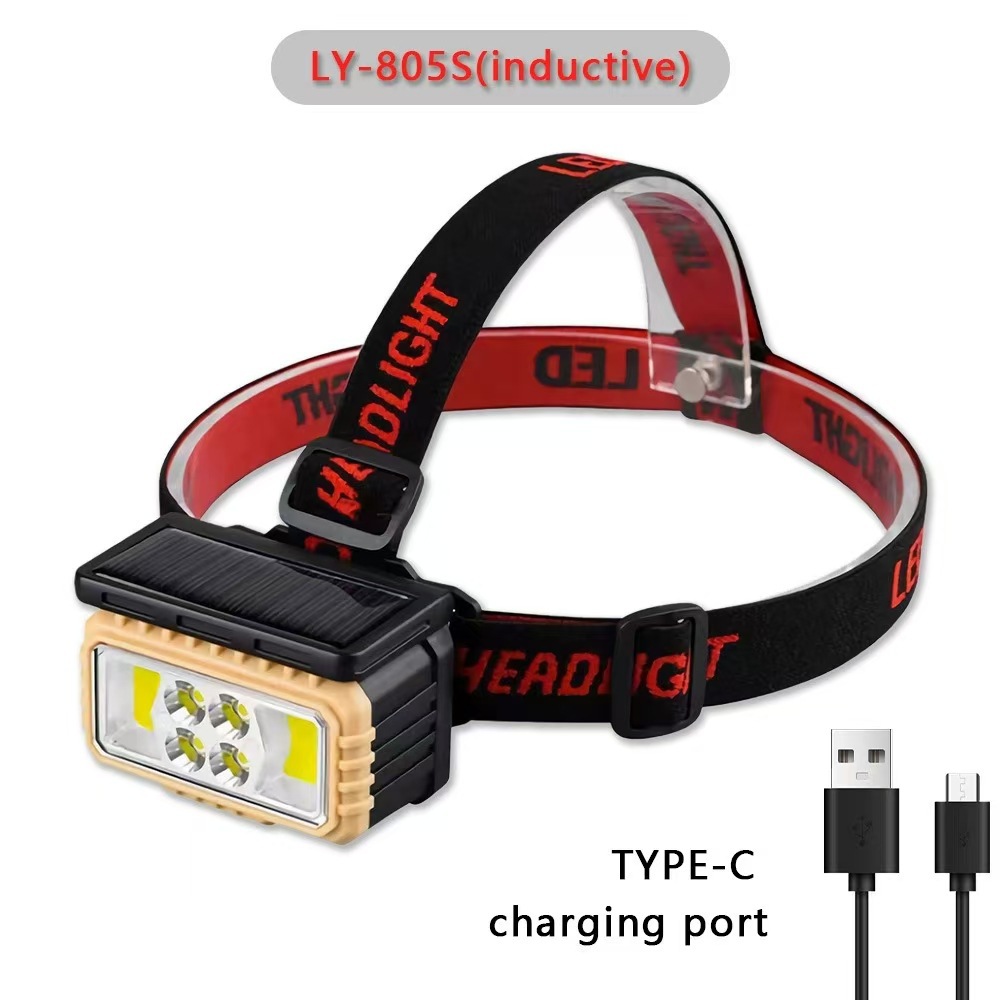 Cross-border solar sensor headlamp type-c charging LED night fishing running headlamp COB red and white light battery level display pic 4