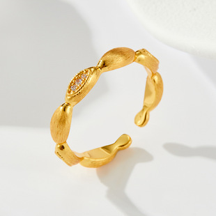 Retro court-style gold brushed petal open ring, copper alloy real gold electroplated with zircon adjustable ring pic 4