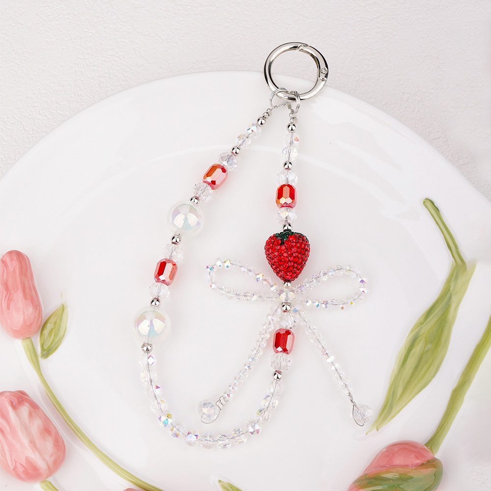 爆闪水钻水晶草莓蝴蝶结手机链带扣钥匙包包串珠挂链手机挂绳挂饰详情4