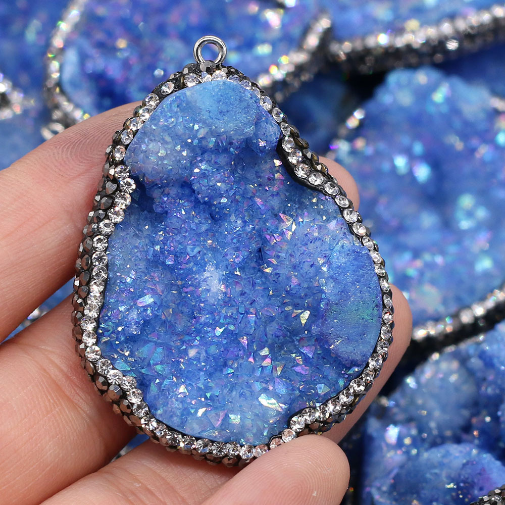 Natural semi-precious stone irregularly shaped agate crystal bud diamond-encrusted edge pendant DIY jewelry accessory, handcrafted wholesale pic 22