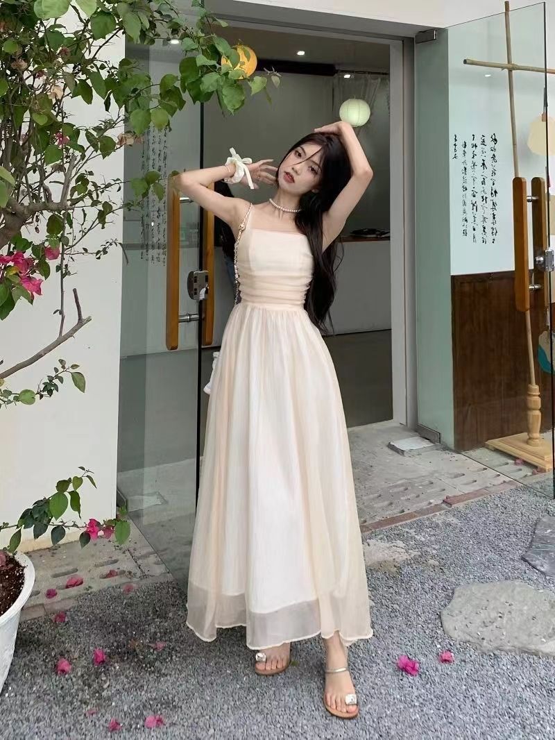 女装法式白色吊带长裙夏新款2024气质收腰显瘦纯色礼服超仙连衣裙详情16