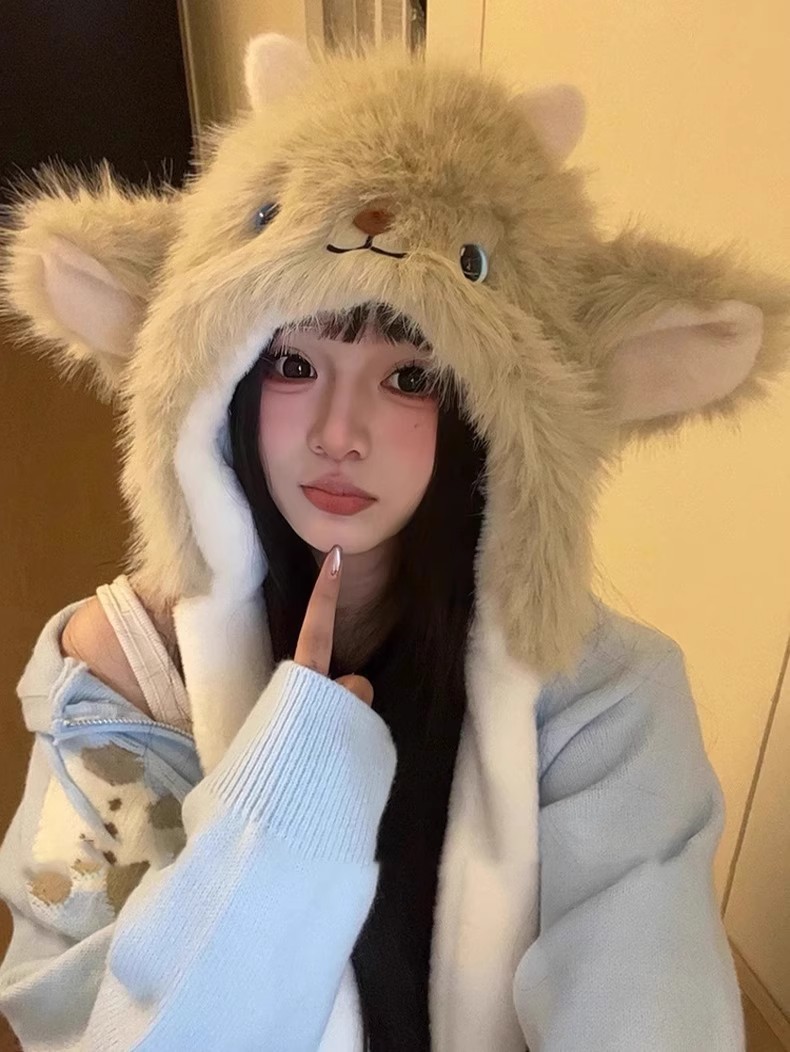 一件代发加厚毛绒绒狐狸耳朵帽子围巾一体秋冬季防寒保暖雷锋帽护颈显脸小地摊批发详情6