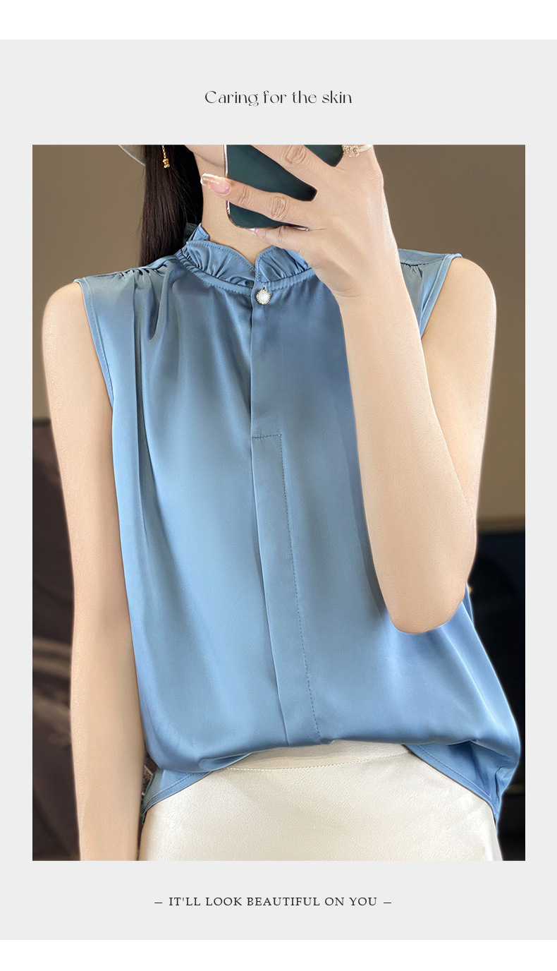 木耳边无袖缎面衬衫背心女立领薄气质衬衫女上衣背心内搭无袖T恤详情21