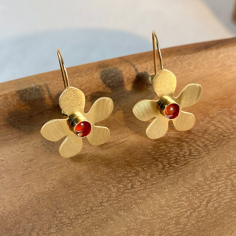 西班牙设计拉丝耳环复古花朵耳钉高级感耳坠耳钩小众文艺镀金中古详情4
