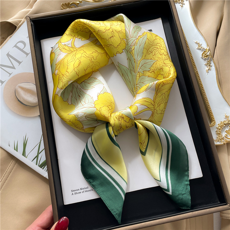 National trend peony flower small silk scarf, spring and summer satin versatile scarf, thin sun-protective headscarf, 70cm faux silk square scarf pic 9