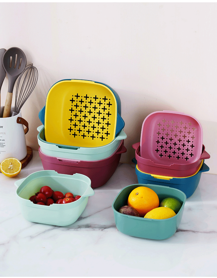 Household kitchen multi-purpose draining basket, vegetable basin, Nordic style double-layer plastic fruit washing plate, square bowl and chopstick storage basket pic 15