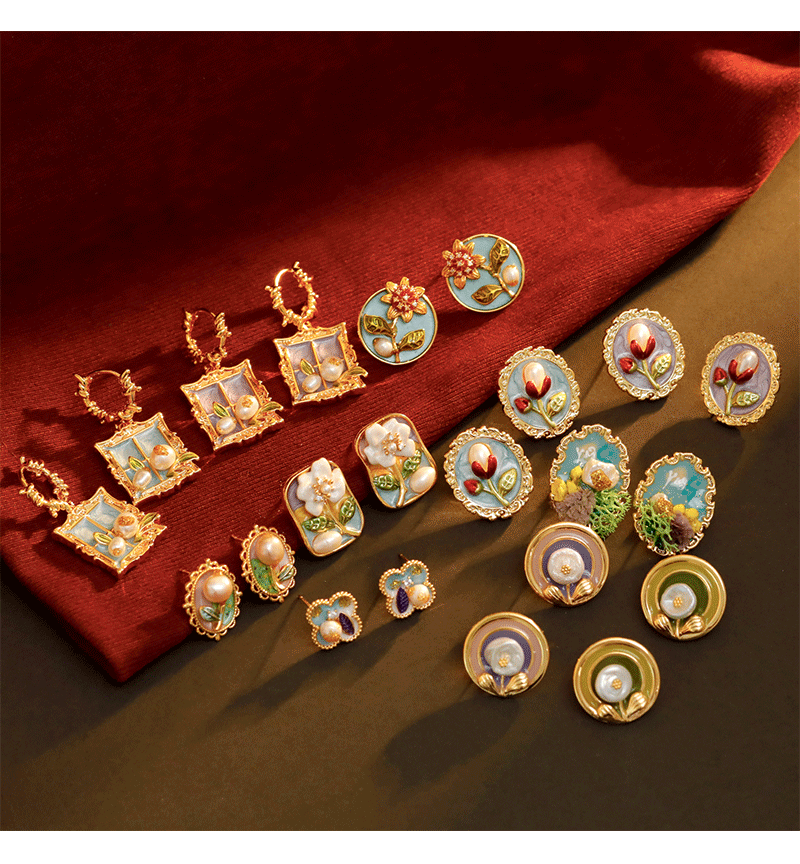 Hyacinth diseño original nuevo estilo chino China China pintura al óleo serie esmalte goteo pendientes de esmalte de cuatro hojas pendientes de perlas de agua dulce para mujeres orejeras de latón hebillas de oído pic 4
