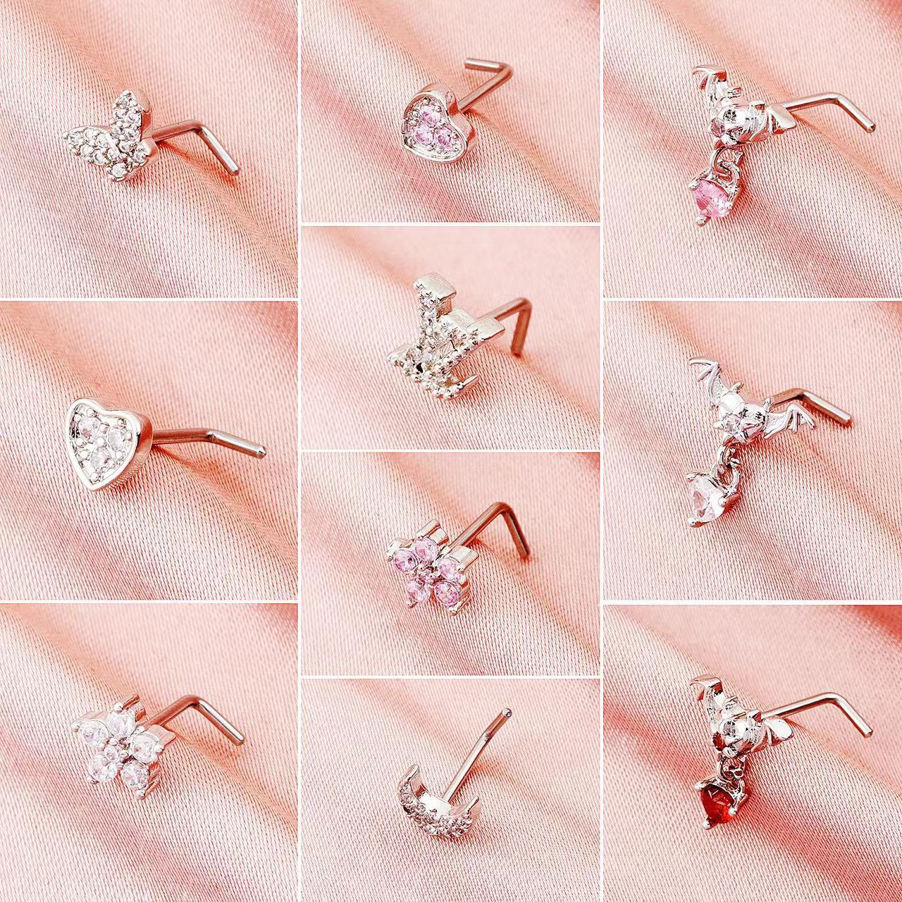 锆石吊坠鼻钉L杆蝙蝠月亮爱心蝴蝶鼻饰花朵鼻钉跨境新品穿刺饰品详情5