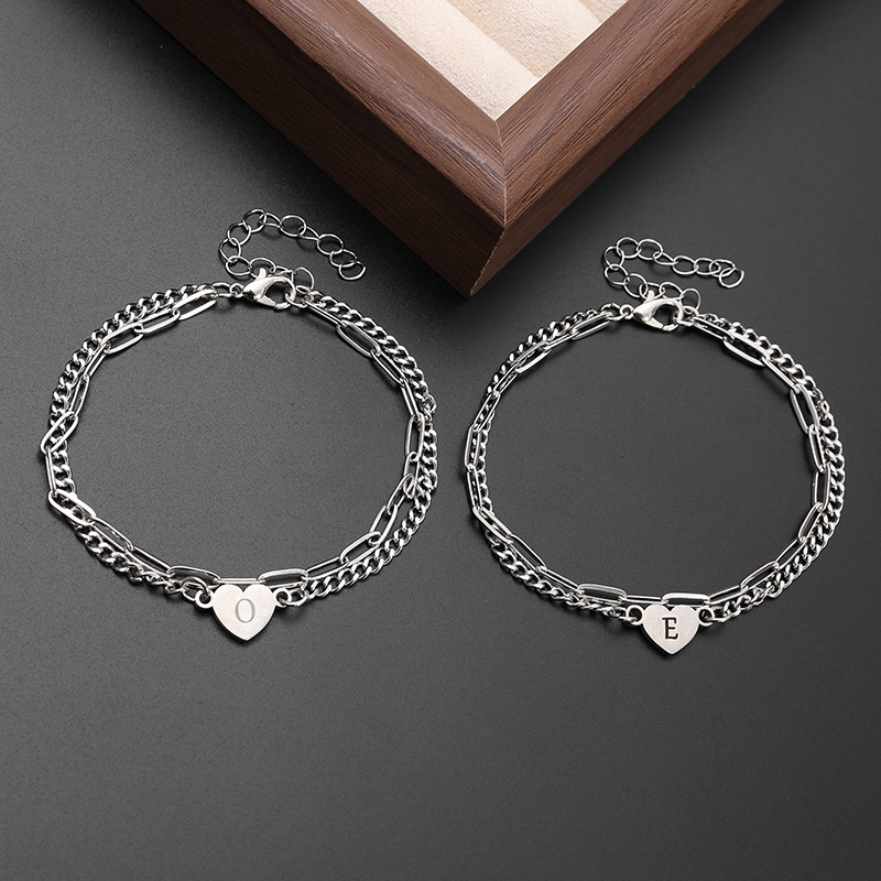 European and American stainless steel long box chain rectangular chain style bracelet, 26-letter DIY heart-shaped bracelet, titanium steel simple bracelet pic 1