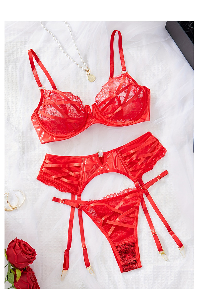 Red lace patchwork underwear three-piece set, memory soft steel ring sexy bra, underpants and garter set JR069 pic 3