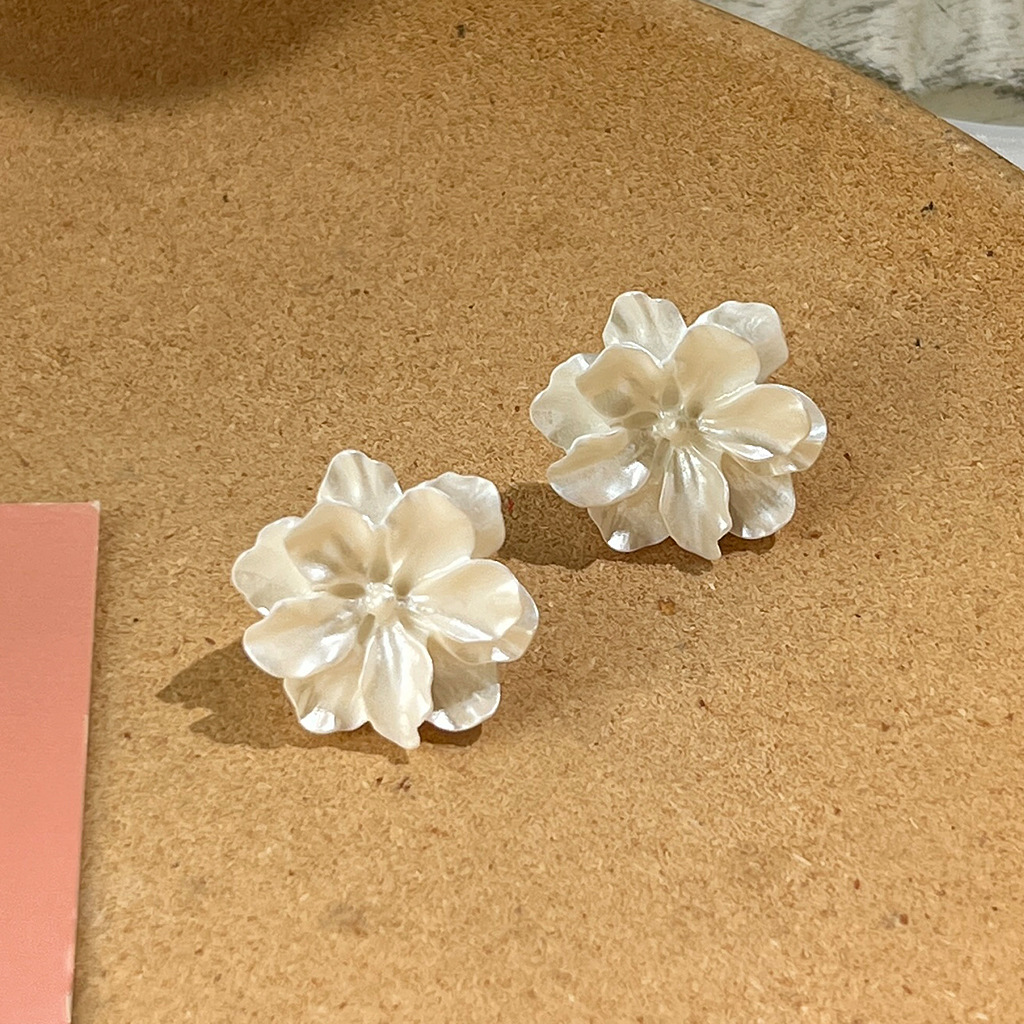 White pearl flower 925 silver needle camellia stud earrings, elegant and ethereal forest-style earrings, photo accessories pic 7