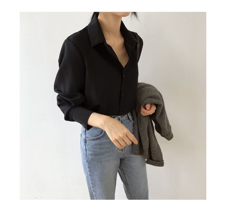 Black chiffon shirt for women, loose polo collar long-sleeved top, professional OL, solid color Hong Kong-style base, elegant shirt for women pic 3