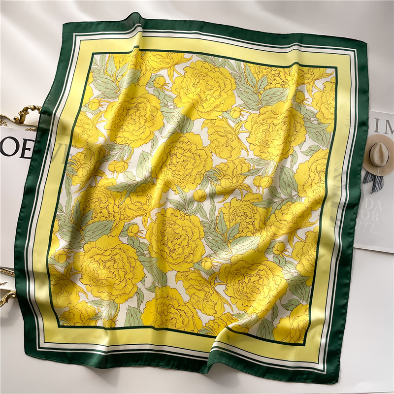 National trend peony flower small silk scarf, spring and summer satin versatile scarf, thin sun-protective headscarf, 70cm faux silk square scarf pic 10