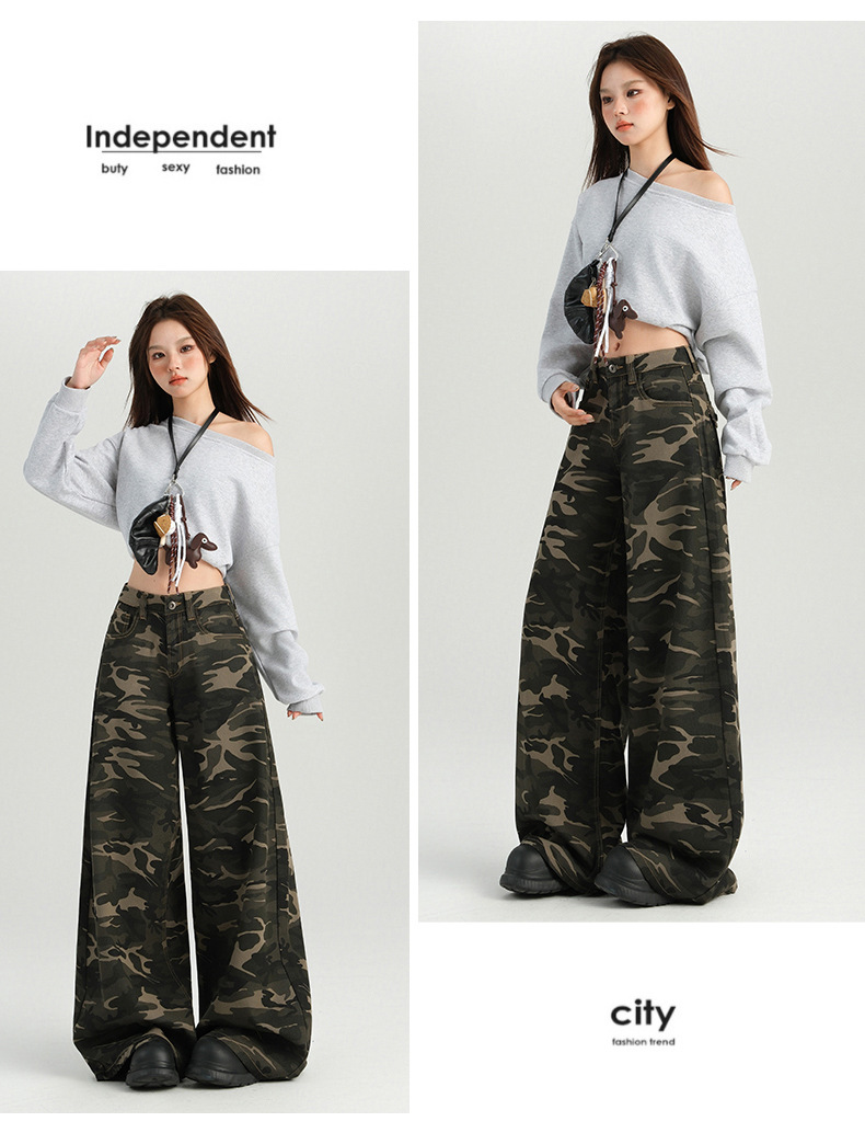 橙绢女装#美式辣妹迷彩高腰阔腿休闲裤女秋季新款高街显瘦拖地裤详情18