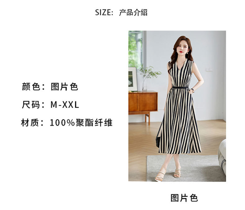 2024年夏季女新款欧版 V领时尚洋气高级感无袖条纹气质优雅连衣裙详情9