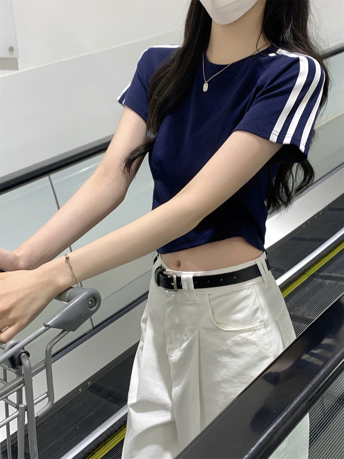 美式2024夏季新款韩版圆领修身插肩杠条显瘦百搭短袖T恤女装上衣详情10
