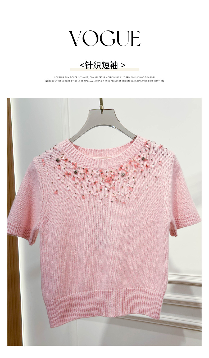 The 2025 autumn new heavy industry sequined short-sleeved casual knitted sweater for petite women has a unique design sense and a slimming top for women pic 2