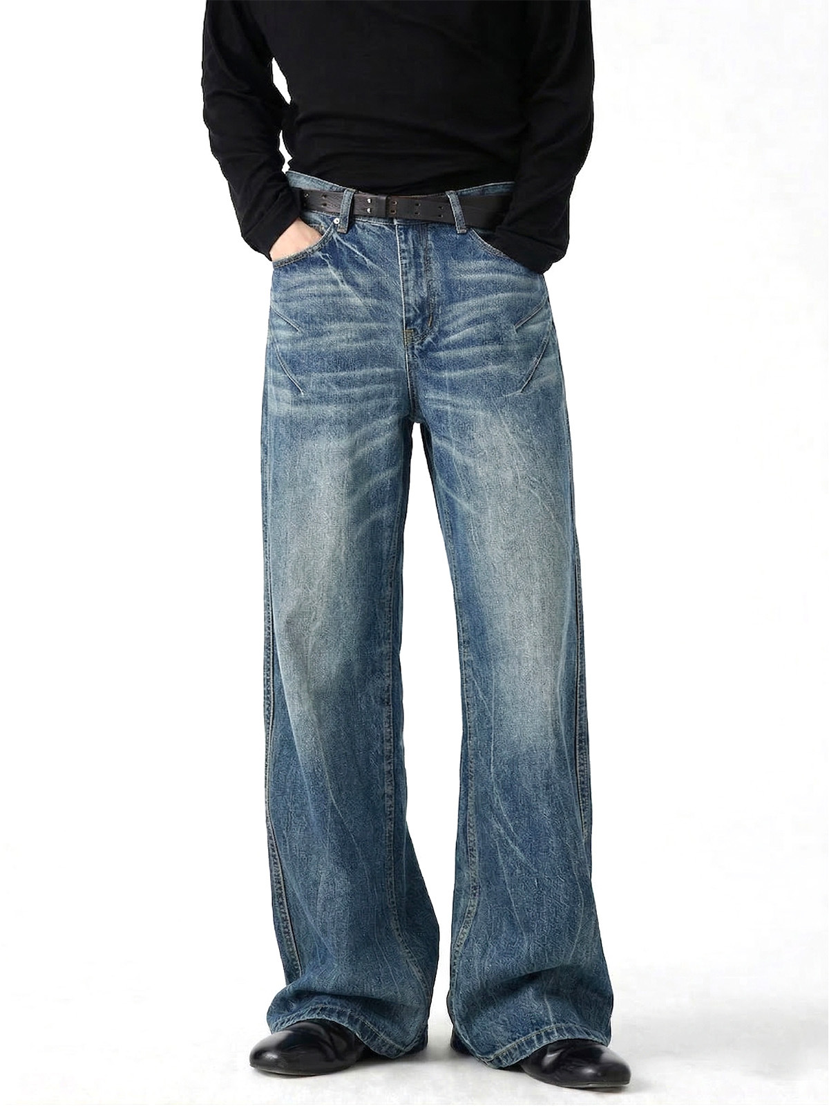 EME易盛易春季水洗牛立体自然猫须垂感磨破做旧弧形牛仔裤长裤男详情4