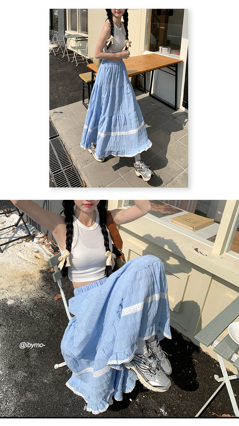 Fashionable lace-edge forest-themed A-line long dress for Spring/Summer 2024, high-waisted sweet blue checkered loose and versatile half skirt pic 7