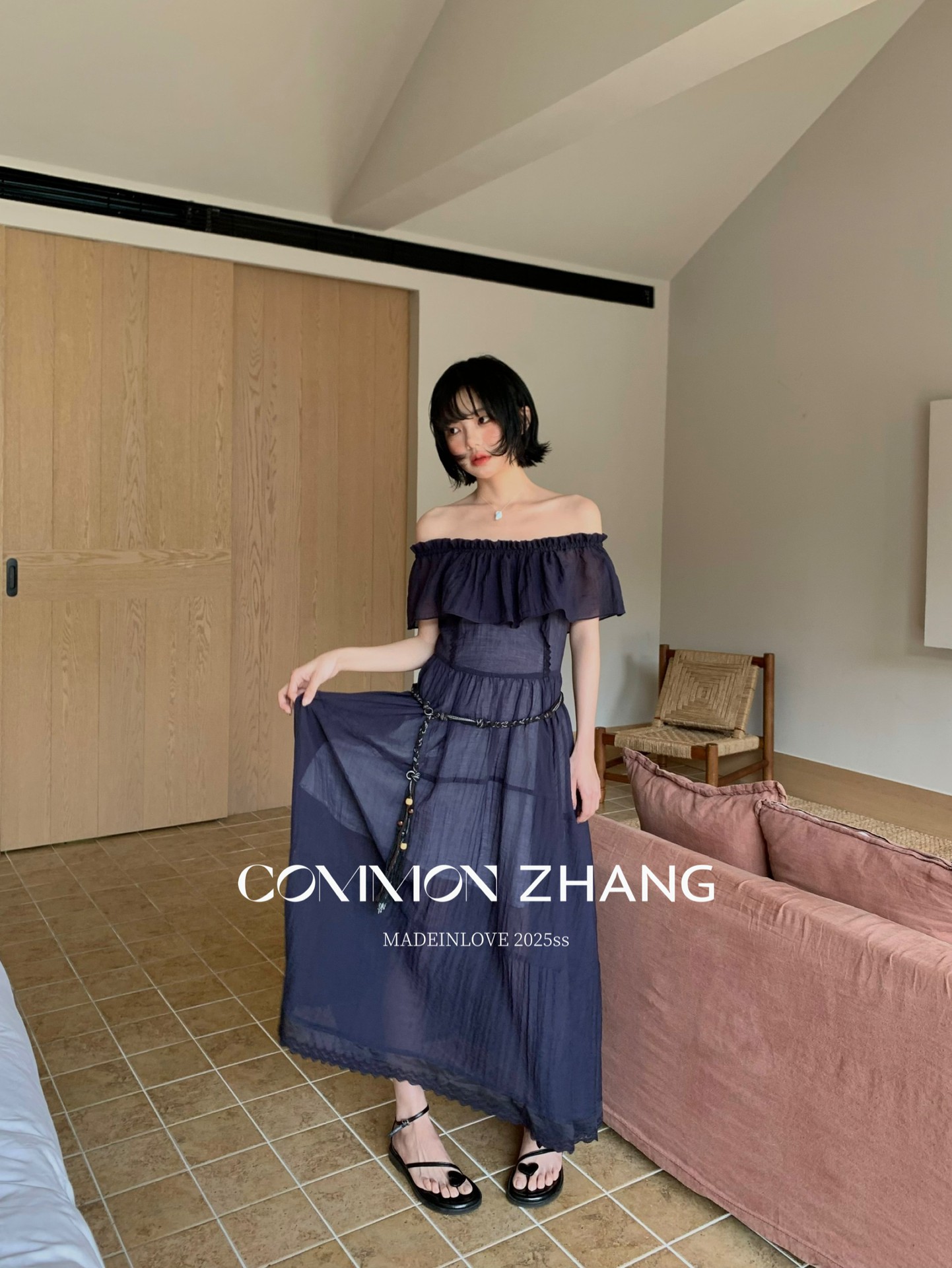 CZ ZHANG Summer French lace patchwork one-shoulder off-the-shoulder sexy slightly transparent texture dress for women B26857 pic 26