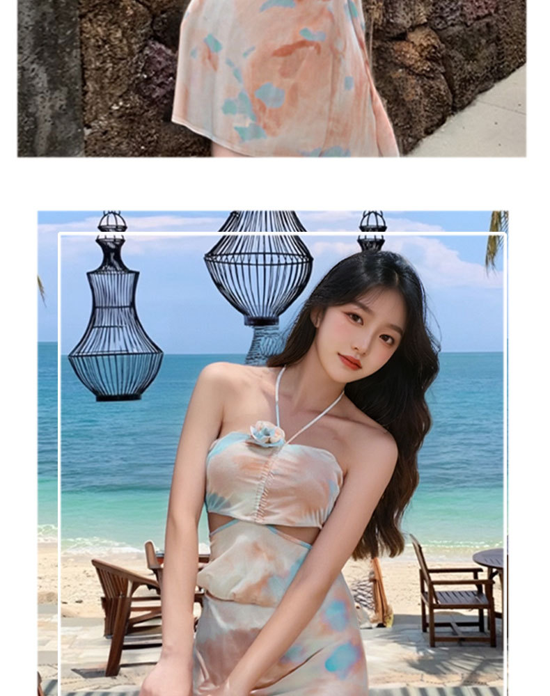 新款扎染挂脖露腰泳衣女2026分体三件套纯欲风辣妹海边度假长裙泳涤亚125200详情12