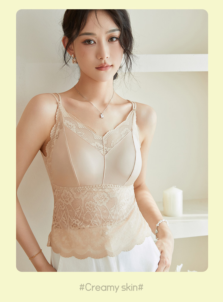 轻奢缎面蕾丝美背内衣女吊带长款带胸垫小胸聚拢内衣外穿打底衫详情18