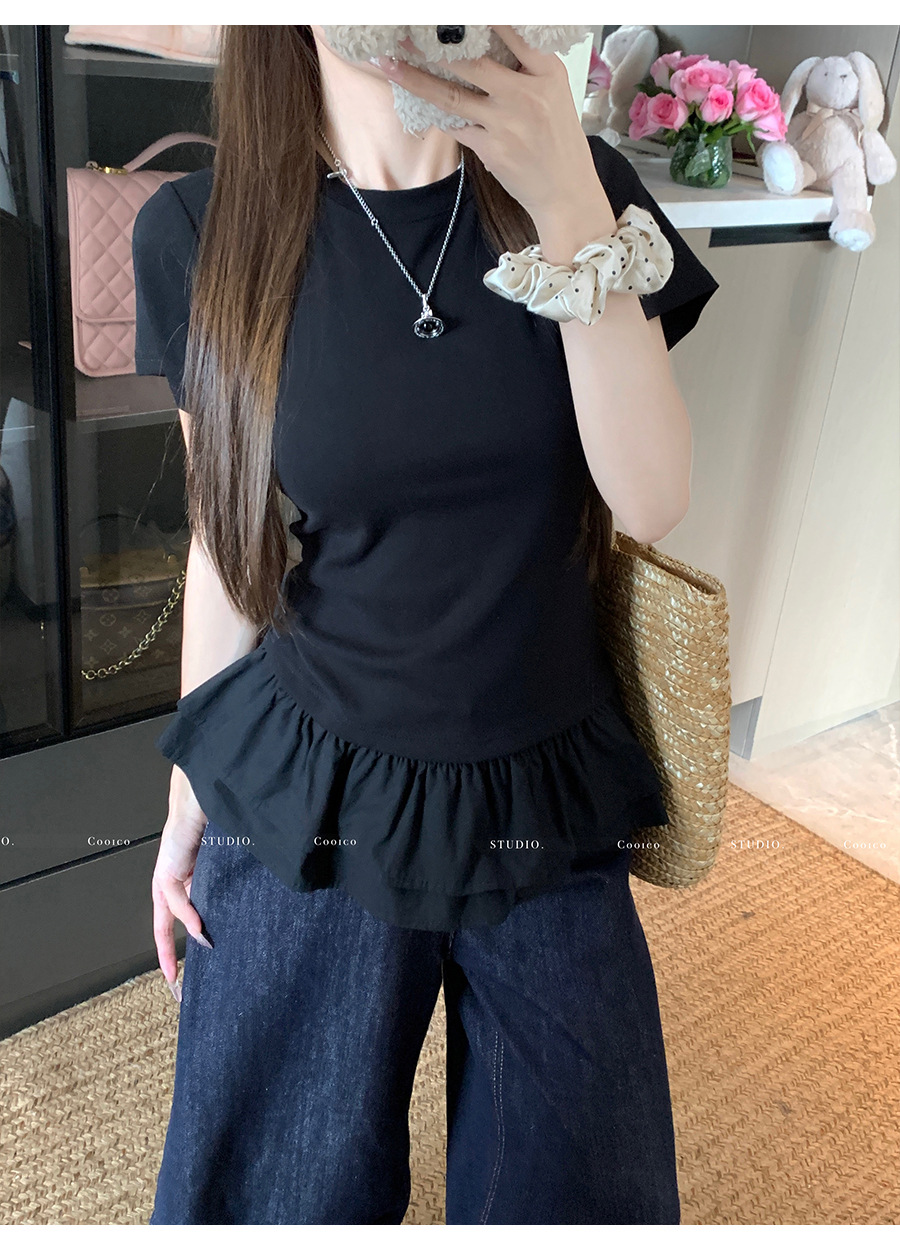 法式荷叶花边下摆拼接白色短袖t恤女夏季设计感修身正肩小衫上衣详情12