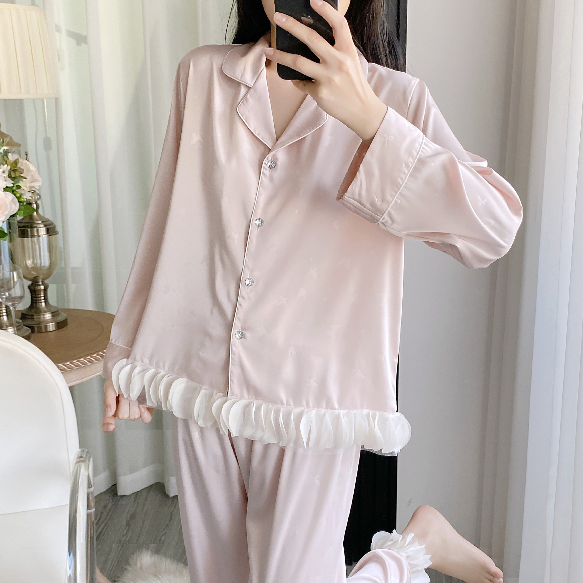 Ice silk pajamas for women Spring and autumn long-sleeved two-piece set, high-end French butterfly print with chiffon lace home wear pic 5