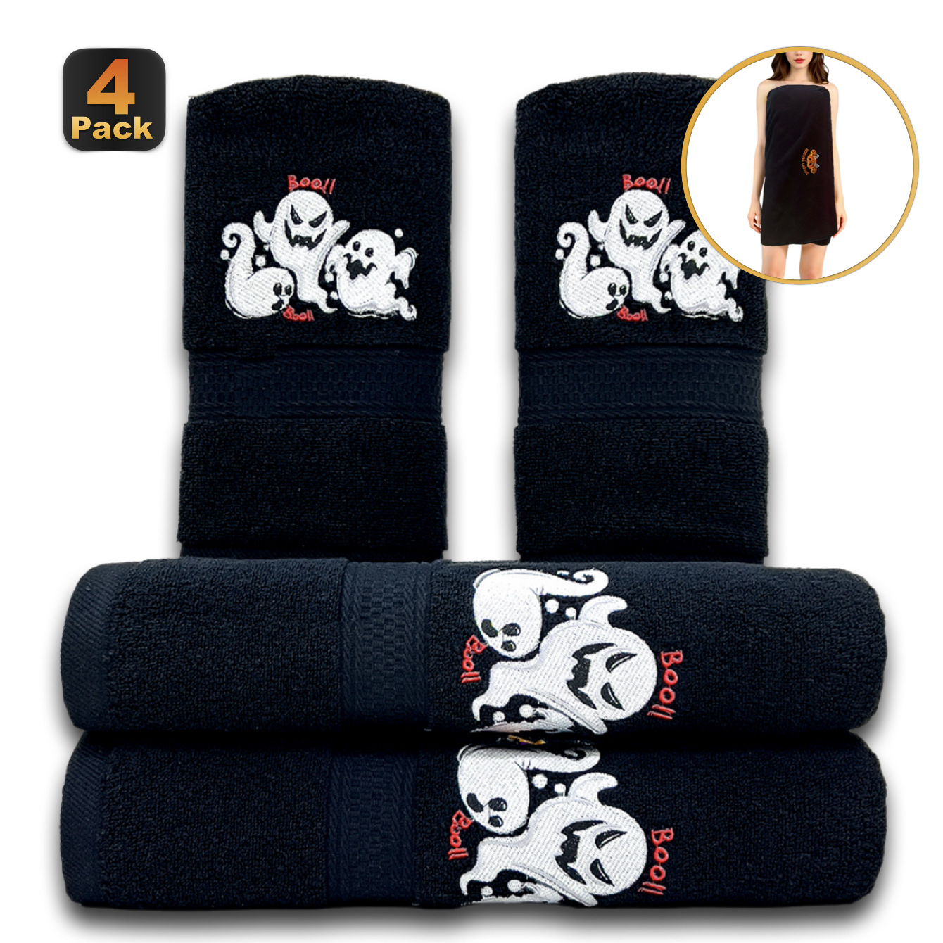 跨境批发纯棉毛巾浴巾四条装 全棉吸水刺绣万圣节圣诞节新年礼物详情8