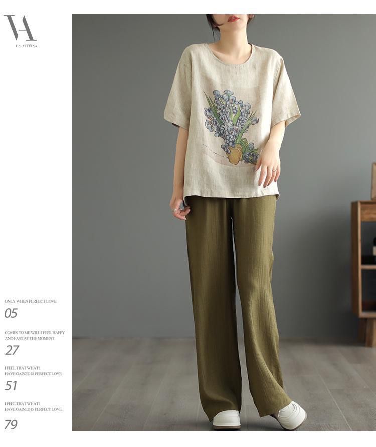 棉麻体恤女短袖2023夏装新款女式上衣宽松复古印花大码女装T恤潮详情17