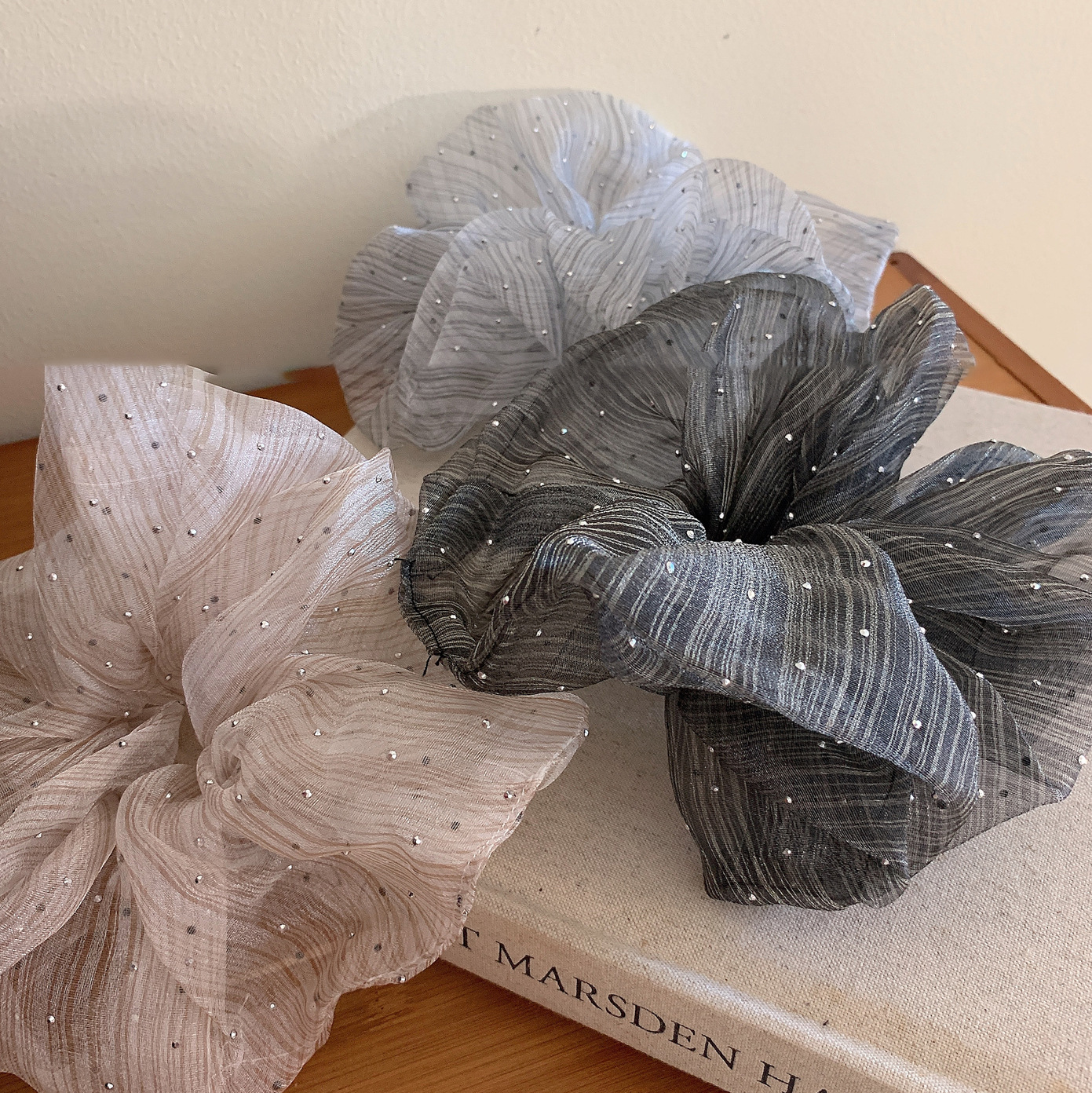 Large 20cm seep yarn, starry sky, rhinestone, large intestine hair band, French high-end style for women, fashionable and elegant hair accessory pic 3