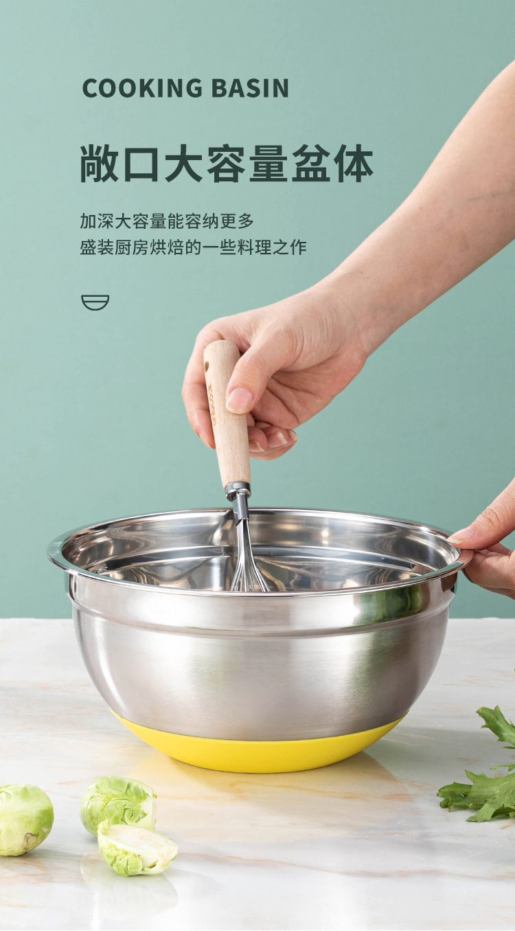 跨境专供不锈钢打蛋盆加厚带盖防滑彩色硅胶底带刻度烘培沙拉盆碗详情3