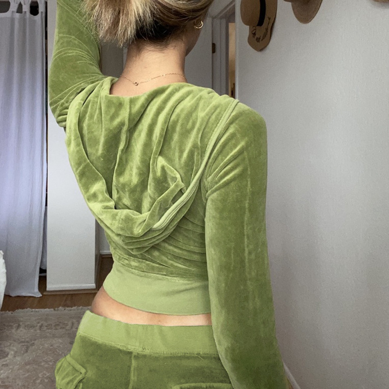 Solid color velvet slim sports suit zipper hood pic 10