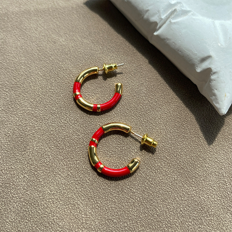 C形珐琅圈圈拼接耳环女法式轻奢小众设计感复古气质银针撞色耳圈详情2