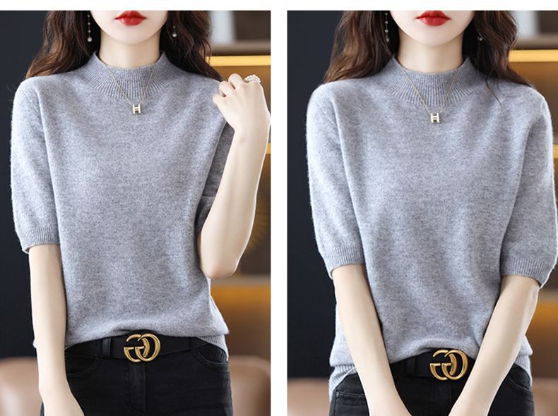 A semi-high-neck casual knitted sweater for women in spring 2023, in a solid color, paired with a half-sleeved base layer sweater T-shirt pic 39